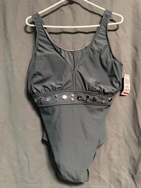 INC International Concepts Women’s Embellished Slate Blue One-Piece Swimsuit
